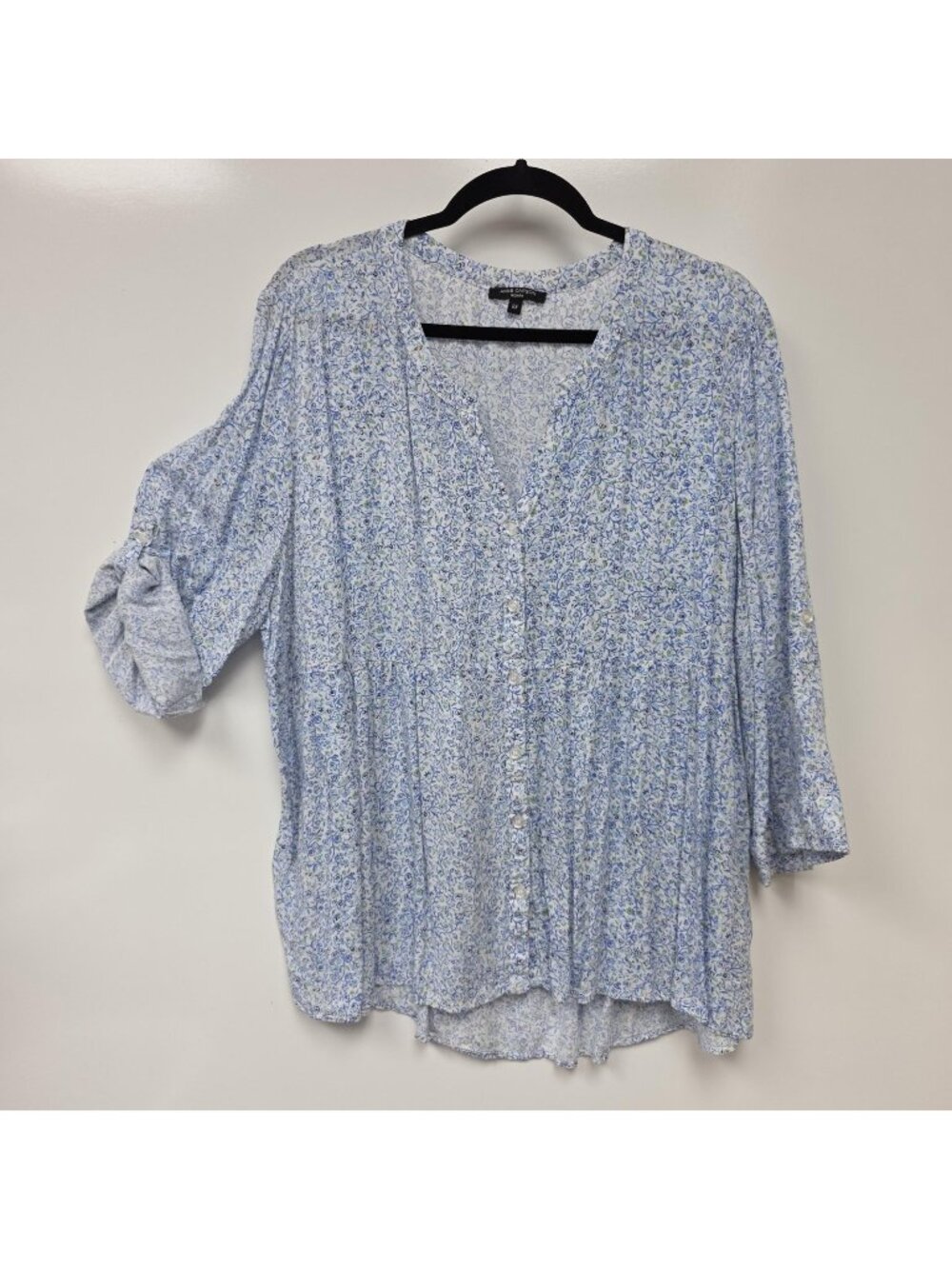 Anne Carson Shirt Womens 2X Blue Floral Button Front 3/4 Roll Tab Tunic Top Plus